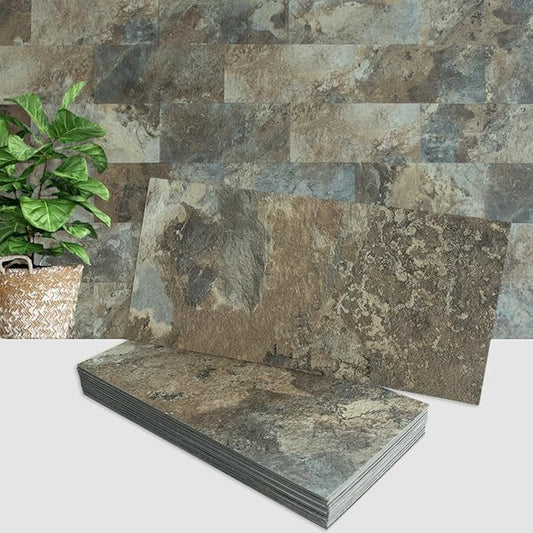 AULIGET 2-Piece Beige & Brown Slate Peel and Stick Backsplash Wall Tiles, 6" x 12" PVC Faux Stone Stick on Tiles for Kitchen Backsplash