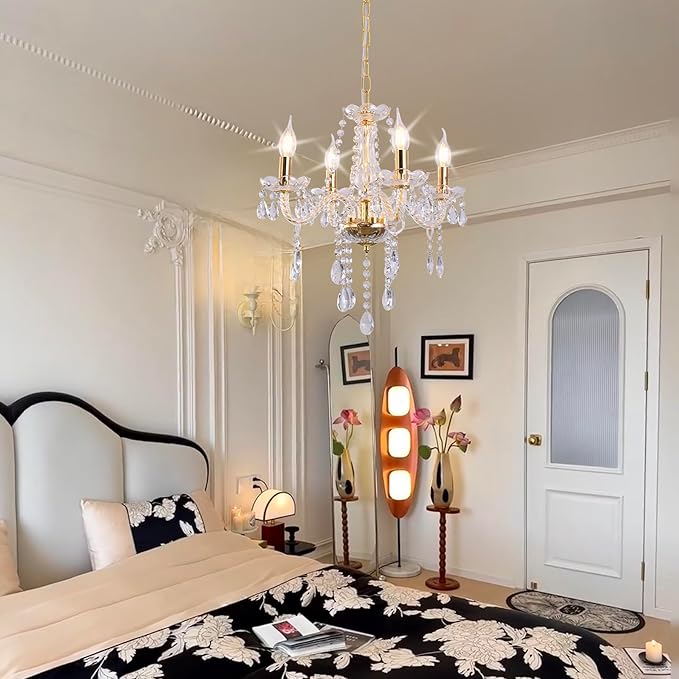MALOSA Small Gold Crystal Chandeliers,Modern 4 Lights Mini Chandelier,Antique Candle Glass Chandelier for Bedroom,Living Room,Entryway