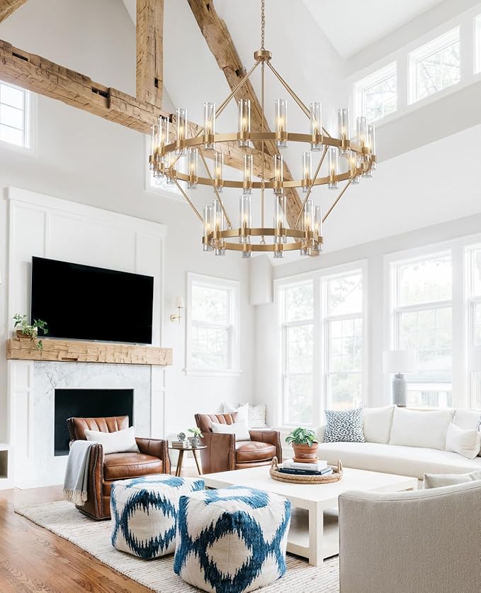 60" Gold Chandelier, 2 Tier Wagon Wheel Chandelier with Glass Shade, 30-Lights Large Round Modern Farmhouse High Ceilings Pendant Lighting Fixture for Dining Room, Living Room, Kitchen, Foyer