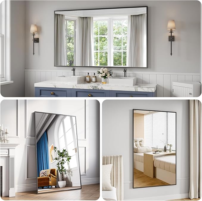 Bathroom Mirror 36x60 Black Bathroom Wall-Mounted Mirrors, Modern Vanity Mirror for Bedroom, Living Room, Aluminum Alloy Frame Allow to Hang Horizontally or Vertically