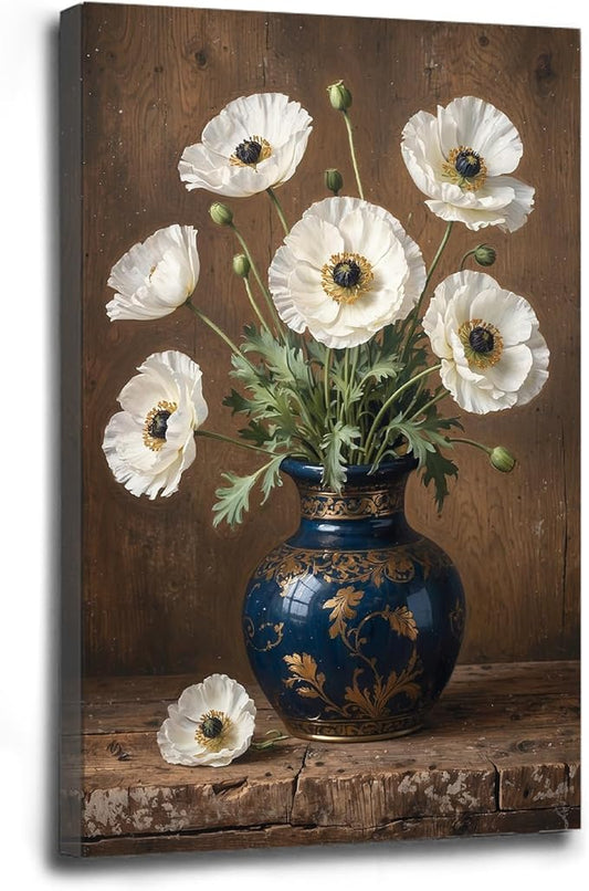 Vintage white poppy flowers canvas painting ornate blue vase gold floral pattern rustic textured wood background ruffled petals green leaves vertical composition botanical wall art home decor