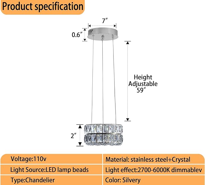 Modern Crystal Chandelier for Dining Room Luxury Silver Crystal Chandelier for Living Room Dimmable LED 11.8" Ring Pendant Light Adjustable Dimmable 2700k-6000k