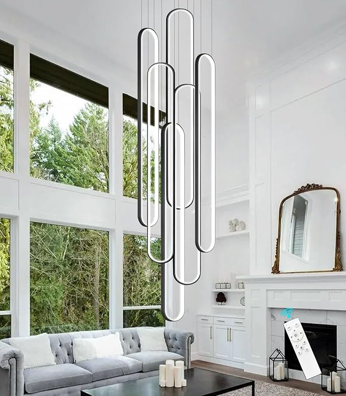 Modern High Ceiling Chandelier for Foyer Black 6 Rings Chandeliers LED Dimmable Chandelier for Living Room Staircase Villa