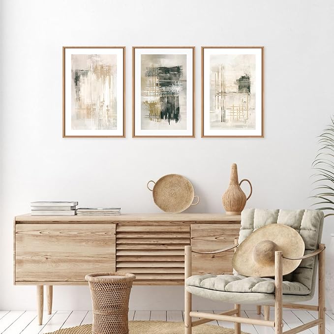 Ausril Modern Abstract Canvas Wall Art Set of 3, Framed Textured Stroke Art Prints, Minimalist Neutral Artwork, Beige Black White Painting, 16x24 Inch Wall Decor for Living Room, Bedroom, Office