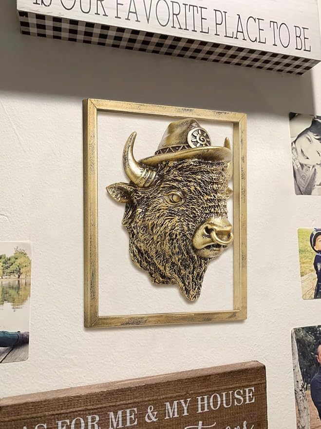 Newinhome Animal Heads Wall Decor (Includes Metal Frame) Resin Animals Sculptures Head Wall Hanging Decoration Gold vintage Wall Sculpture for Living Room Bedroom Office (American Bison)