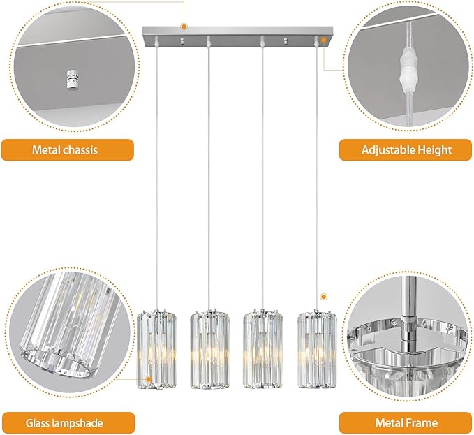 Chrome Pendant Lighting Modern Pendant Light, Mini Crystal Chandeliers,Adjustable Pendant Light Fixture for Kitchen Island Dinning Room Corridor Bedroom…(Gold 4-Light)