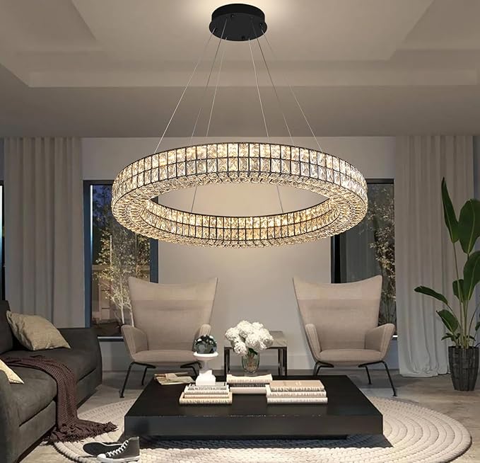 47.5 inch Large Black Chandelier Round Crystal Chandelier Light for High Ceiling Ring Pendant Hanging Ceiling Light Led Dimmable 2700k-6000k