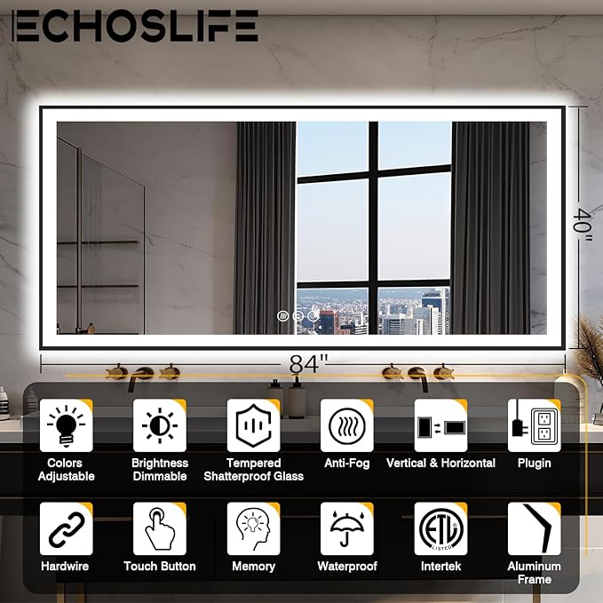 Large 84x40 Light Up Bathroom Mirror - Black Aluminum Edge (Front and Backlit), Anti-Fog Vanity Mirror with Stepless Dimmable Lights, 3 Colors Smart Mirror