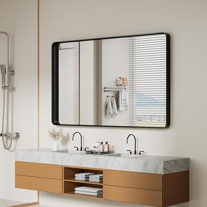 Koonmi Black Wall Mirror for Bathroom, 36x60 Inch Matte Deep Framed Rounded Rectangle Vanity Mirror for Farmhouse Living Room, Tempered Glass, Anti-Rust, Vertically or Horizontally
