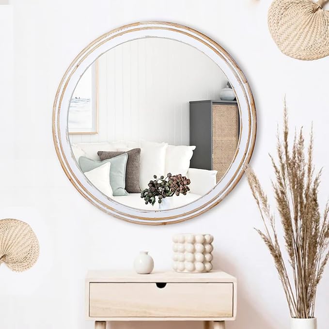 32 Inches Farmhouse Decorative Round Mirrors for Wall Decor, Rustic Distressed Wooden Circle Mirror for Bathroom Over Sink, Entryway, Living Room, Vanity