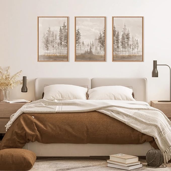 Beige Foggy Pine Tree Framed Canvas Wall Art Set,Modern Misty Forest Wall Decor,Nature Landscape Brown Art Print for Living Room,Bedroom-16 x24 x3