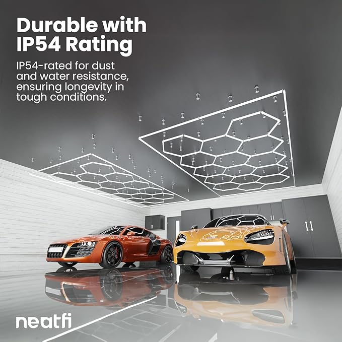 Neatfi LED Hexagon Garage Lights with 60,720 Lumens, 6500K, 552W, IP54, Hexagon Lights for Garage, Auto Shops, Car Detailing, Barber Shops, Beauty Salon, and Gym (15 Hex with Hanging Kit, Cool White)