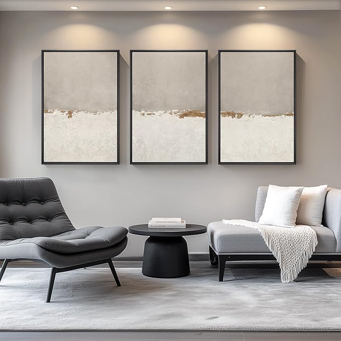Large Framed Beige Neutral Abstract Wall Art for Living Room, 3 Piece Modern Canvas Prints Paintings Artwork for Walls, Minimalist Abstract Horizon Pictures for Hallway, Office Wall Decor 24x36 In