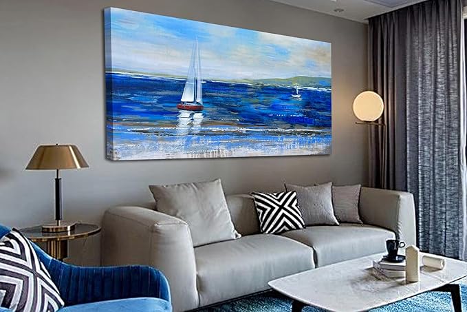 Ardemy Blue Abstract Canvas Wall Art for Living Room Sailboat Large Wall Decor Painting Picture Bedroom Textured Nautical Navy Blue Seascape Artwork Art for Home Office,48"x24"