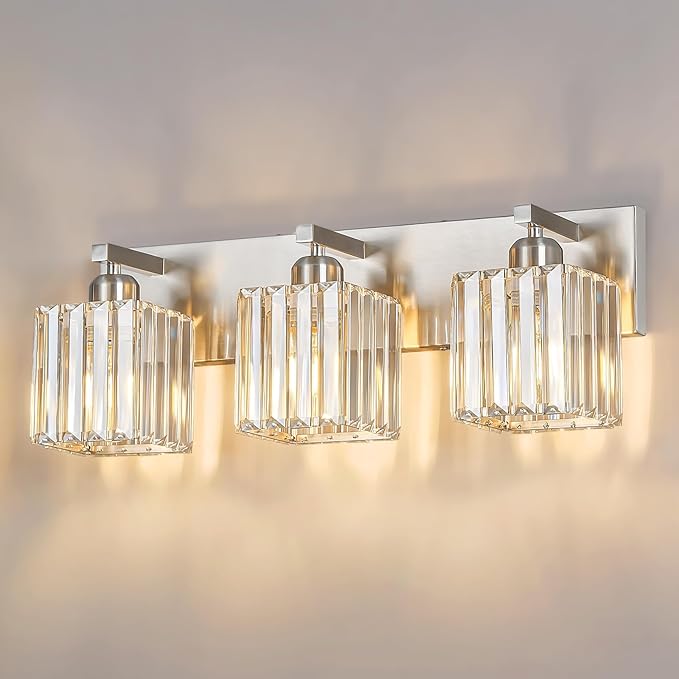 Modern Vanity Light 3-Lights Brushed Nickel Vanity Light Crystal Bathroom Wall Light Bathroom Light Fixtures