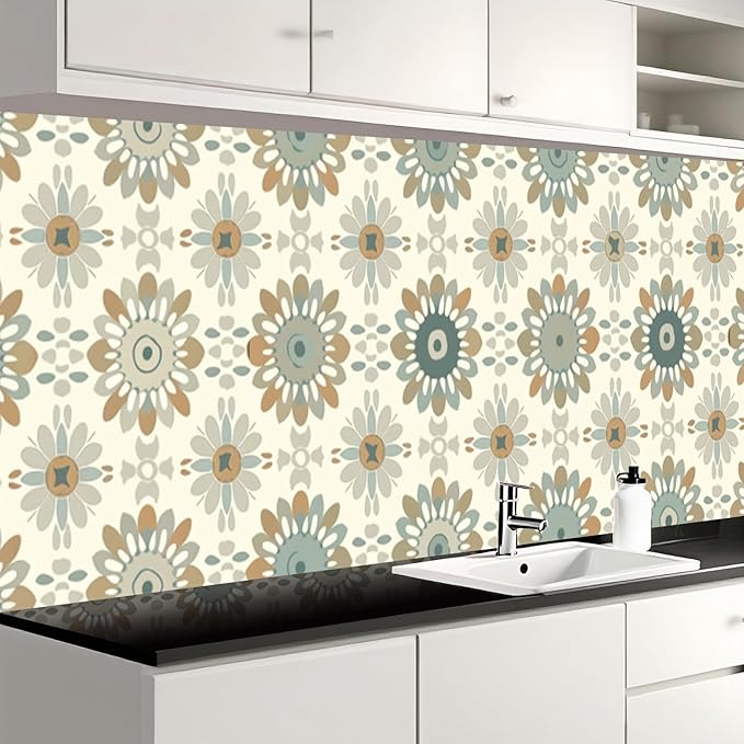 Nuxovilar Beige Floral Medallion Textured Peel and Stick Wallpaper, 15.75"x39.37", Self-Adhesive Contact Paper, Vintage Tile-Inspired Pattern for Bedroom, Living Room and Table Decor