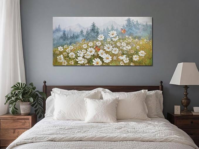 Arjun Flower Wall Art Daisy Painting Textured Paintings, Canvas Art Wall Decor, Large Wall Art for Bedroom, Daisy Art Large Paintings for Living Room Home Office Dining Room 48"x24"
