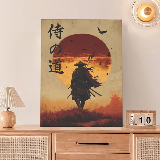 Japanese Samurai Wall Art Oriental Asian Bushido Wall Decor Warrior Figure Canvas Pictures Paintings Prints Japan Traditional Aesthetic Artwork Framed Decorations For Bedroom Living Room Office Gifts 12" x 16"