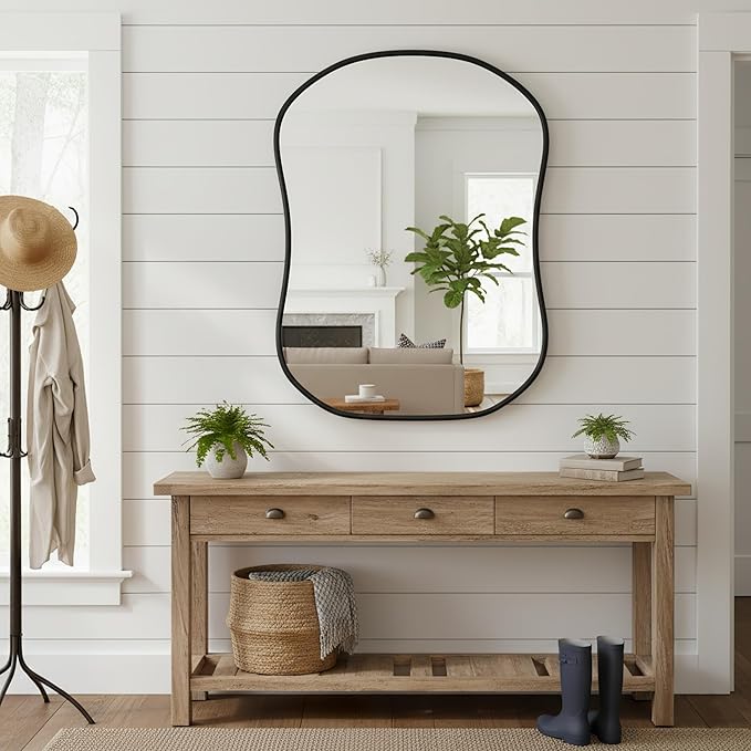 Asymmetrical Wall Mirror 26 * 36 Black Irregular Abstract Shatter-Proof Aluminum Alloy Decorative Wavy Framed Makeuop Mirrors for Bathroom, Bedroom, Cloakroom, Entryway