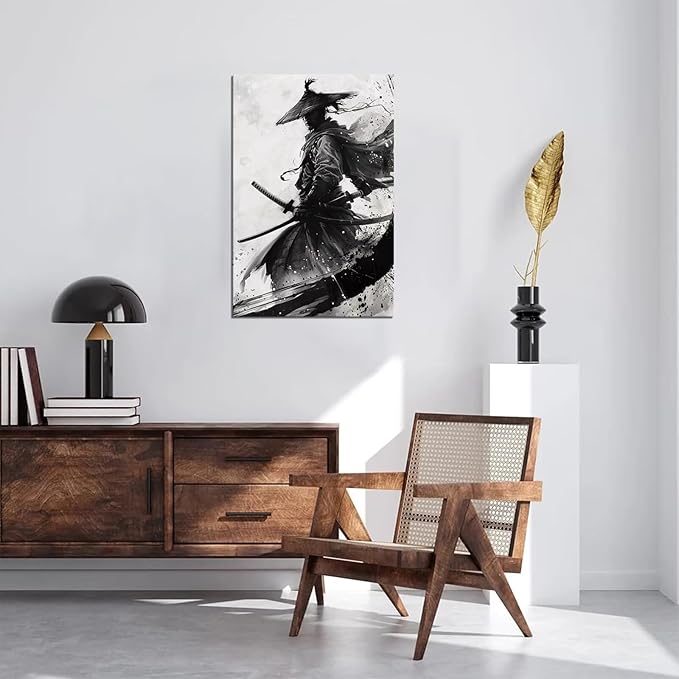 Black and White Warrior Wall Decor Japanese Samurai Wall Art Prints Vintage Japanese Cultural Samurai Pictures Canvas Painting Framed for Living Room Bathroom Bedroom Office (12''W x 16''H)