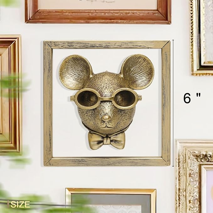 Newinhome Animal Heads Wall Decoration (Gift Metal Frame) Resin Animals Sculptures Head Wall Hanging Decor Gold vintage Wall Sculpture for Living Room Bedroom Office(Rat)