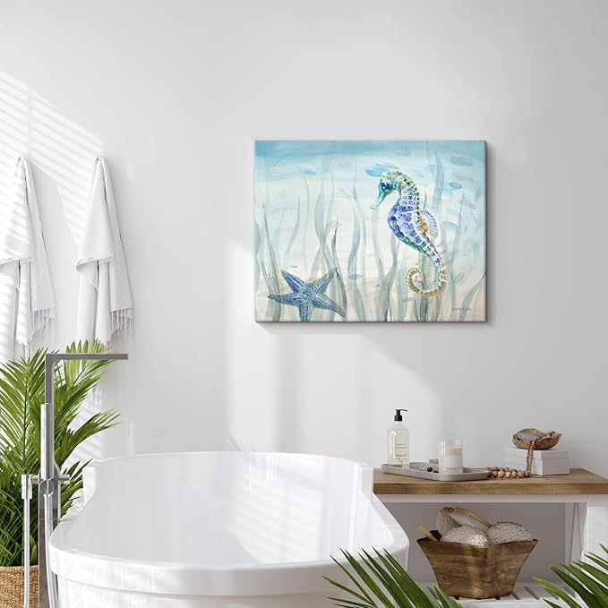 Ocean Wall Art Sea Life Wall Decor Costal Watercolor Seahorse Painting Blue Ocean Animal Pictures Starfish Canvas Artwork for Bathroom Bedroom Home Decoration 16x12Inch