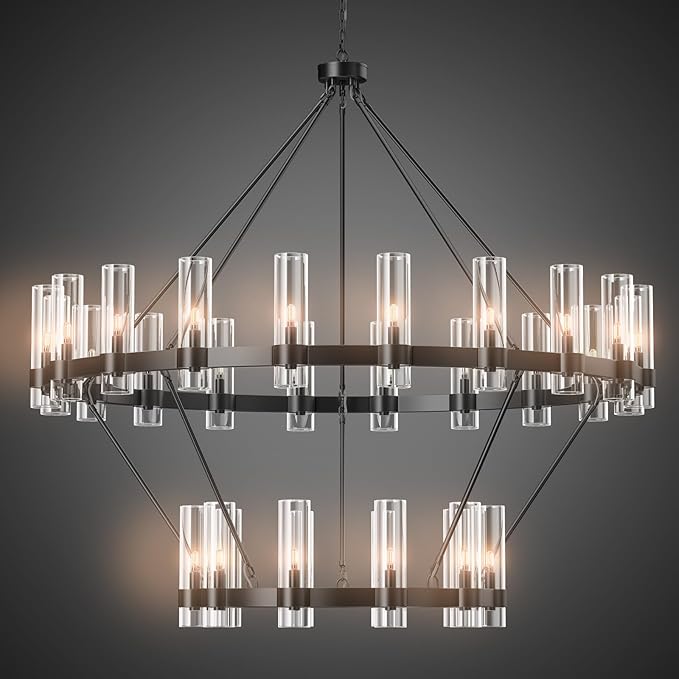 Large Black Chandelier, 30 Light Wagon Wheel Chandelier with Glass Shade,60 Inch Round Industrial High Ceilings Pendant Lighting Fixture for Dining Living Room, Kitchen Island, Foyer