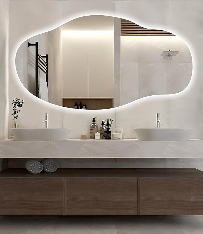 LED Wall Mirror - Asymmetrical Light Up - Frameless Irregular Vanity Wavy Mirror with Light for Bathroom Bedroom Living Room(''23.2''x''43.3'' in)