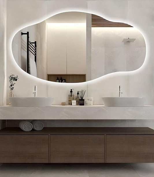LED Wall Mirror - Asymmetrical Light Up - Frameless Irregular Vanity Wavy Mirror with Light for Bathroom Bedroom Living Room(''23.2''x''43.3'' in)