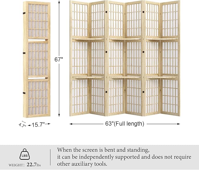 5.6FT Room Divider and Folding Portable Partition Screen, Chinese Japanese Shoji Style with Three Display Shelves for Room Separation - 6 Panel (Natural)