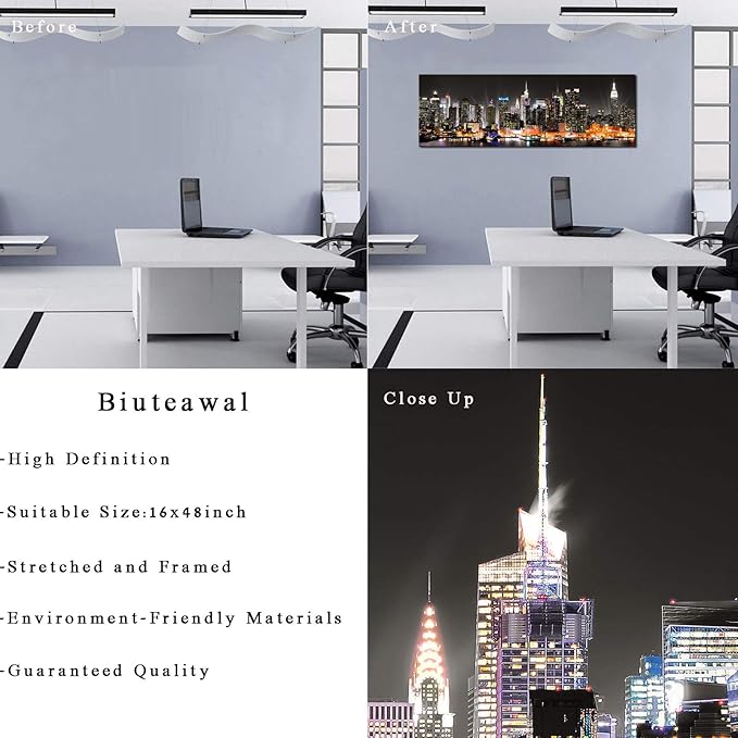 Biuteawal New York City Canvas Wall Art Manhattan Skyline at Night Picture Prints Framed NYC Skyline Landscape Artwork Modern Canvas Print Art for Home Office Living Room Decor