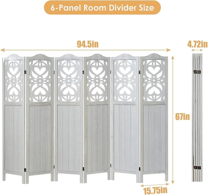 6 Panel Room Divider Fully Assembled, Carved Room Dividers and Folding Screens, 5.6Ft Wood Room Divider Screen Freestanding Partition Wall Dividers for Home Bedroom Office, Rustic White