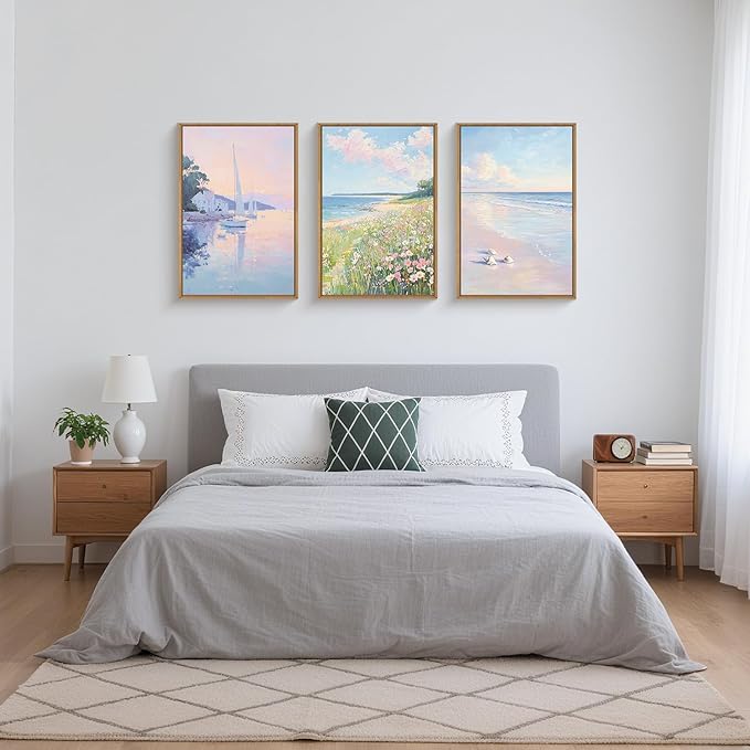 Aryroi Watercolor Coastal Ocean Wildflower Canvas Wall Art,Modern Beach Framed Wall Decor, Large Pink Sailboat Artwork,Dreamy Natural Seascape Art Print for Living Room,Bedroom,Farmhouse-16 x24 x3