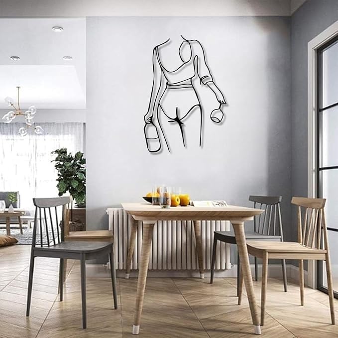 Metal Wall Art Woman Drinking Wine, Modern Minimalist Abstract Line Sculpture, Feminine Wall Decor for Living Room, Dining Room, Bar, Kitchen, Perfect Wine Lover Birthday Housewarming Gift – Black 23.6"x16.9"