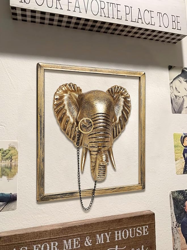 Newinhome Animal Heads Wall Decoration (Gift Metal Frame) Resin Animals Sculptures Head Wall Hanging Decor Gold vintage Wall Sculpture for Living Room Bedroom Office(Elephant)