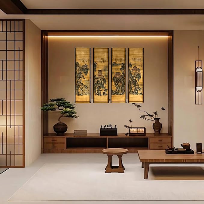 CIFIBIFUN Wall Asia Art Prints Posters Painting Asia Vintage Style,4 Panels Architectural Scroll Four Great Towers, Walls Decor for Living Room Library (Japan Painting)