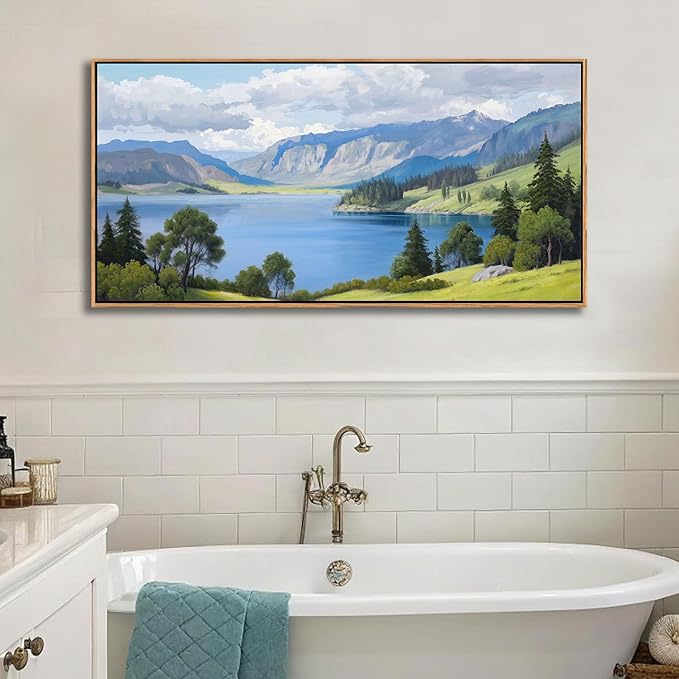Landscape Wall Art for Living Room - with Mountain and Lake Scenery Pictures Wall Decor Large Canvas Wall Art, Forest and Nature Wall Decor for Bedroom, Green Artwork Prints for Above Bed 24×48IN