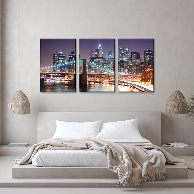 NAN Wind 3Pcs New York City Skyline Canvas Wall Art Brooklyn Bridge Night View Framed Wall Decor Blue Purple Manhattan Urban Cityscape Picture Canvas Artwork Modern Home Decor Living Room Office
