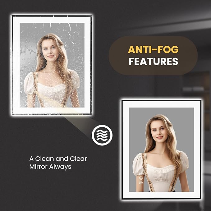 LOAAO 24"X30" LED Bathroom Mirror Black Framed, Anti-Fog, Dimmable, Lighted Bathroom Vanity Mirror for Wall, Memory Function, Tempered Glass
