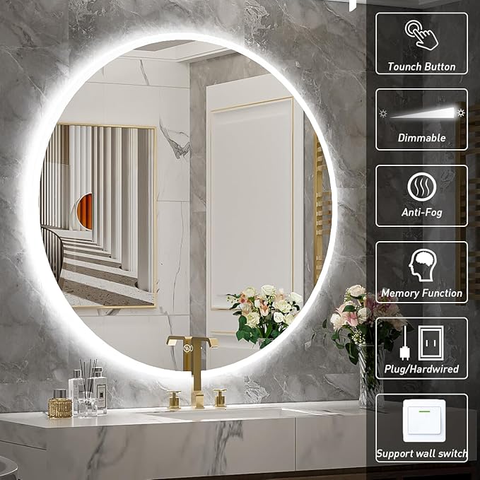 28 Inch Round LED Bathroom Mirror - 6000K Daylight Backlit, Anti-Fog & Dimmable, Frameless Waterproof Mirror with Touch Control, CRI90+, IP54 for Vanity & Makeup