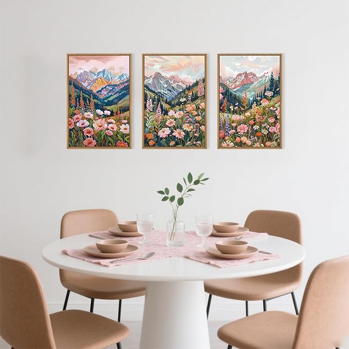 Large Colorful Floral Mountain Framed Canvas Wall Art,Natural Ridge Blossom Wall Decor, Boho Botanical Artwork, Modern Scenery Art Print for Living Room,Bedroom,Office- 16"x24"x3