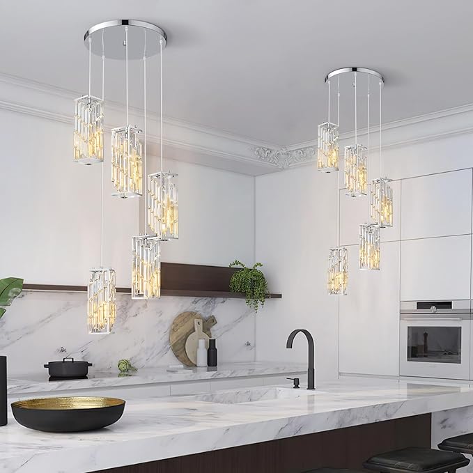 Chrome Pendant Lighting Modern Pendant Light, Mini Crystal Chandeliers,Adjustable Pendant Light Fixture for Kitchen Island Dinning Room Bedroom (5 Light)