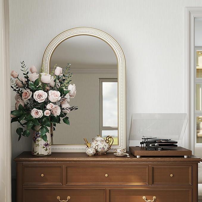 36x24 Inches Farmhouse Wooden Arched Wall Mirrors, Boho Decorative Arch Mirrors for Bathroom Over Sink, Living Room, Hallway, Foyer, Entryway