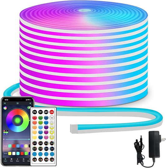 50ft RGB LED neon Rope Lights LED neon Strip Lights with Remote Control/APP Control IP65 24V Waterproof Flexible Neon LED Strip Lights,Led Lights for Bedroom Room Outdoors Décor