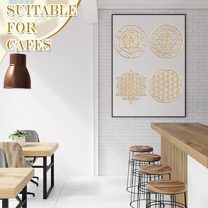 Leinuosen 4 Pcs 12 Inch Crystal Grid Board Sacred Geometric Wall Art Set Metatron Cube, Flower of Life, Sri Yantra, 64 Star Tetrahedron Pagan Decor Home Wall Decor for Room (Wood Color)