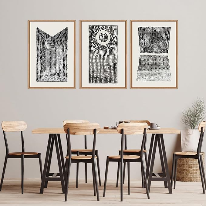 Abstract Dot Pattern Framed Canvas Wall Art Set,Minimalist Black and White Wall Decor,Neutral Geometric Print,Modern Circle Boho Mid Century Artwork for Living Room,Bedroom-16 x24 x3