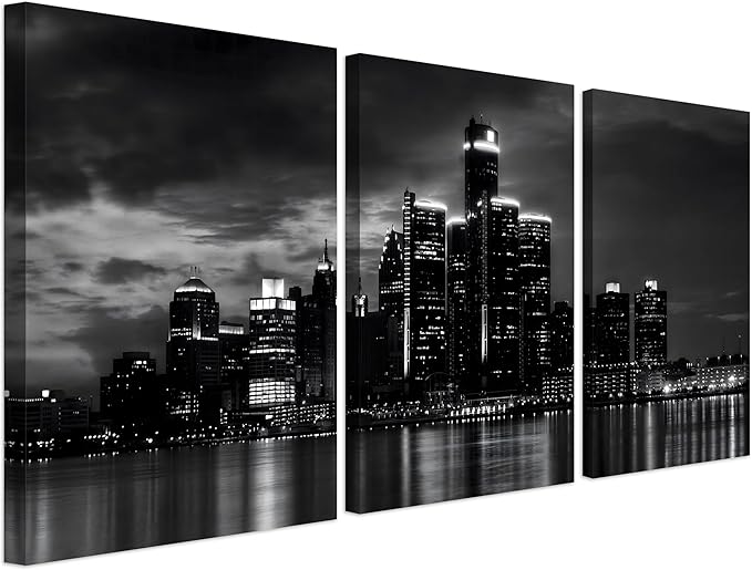 NAN Wind 3 Pcs Detroit Skyline Canvas Wall Art Cityscape Night Scene Black and White City Art Print on Canvas Modern Giclee Framed Painting for Room Decor Home Decor Detroit Skyline Picture Prints