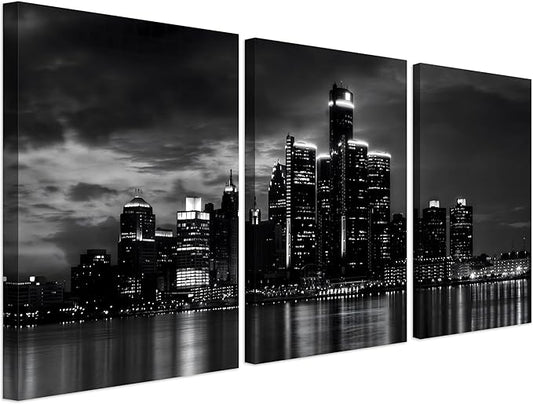NAN Wind 3 Pcs Detroit Skyline Canvas Wall Art Cityscape Night Scene Black and White City Art Print on Canvas Modern Giclee Framed Painting for Room Decor Home Decor Detroit Skyline Picture Prints