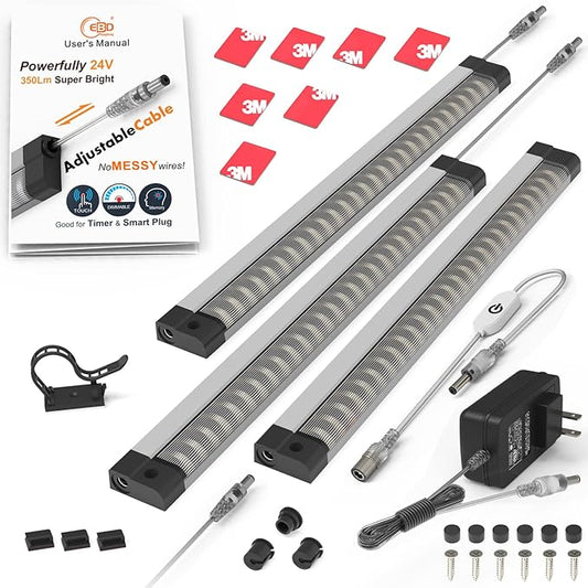 Under Cabinet Lights Built-in ADIUSTABLE Cable LED Light Bar No Messy Wires! Touch Under Counter Lights for Kitchen 3Pcs 6500K Cool White 1350Lm Under Cabinet Lighting Good for Timer Smart Plug