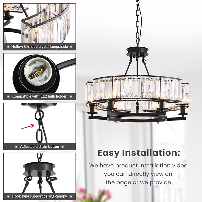 NOXARTE Round Crystal Chandelier 6 Lights Hanging Chandelier Pendant Light Ceiling Fixture Black Iron Frame for Dining Room Living Room Farmhouse D26 Inch x H20 Inch
